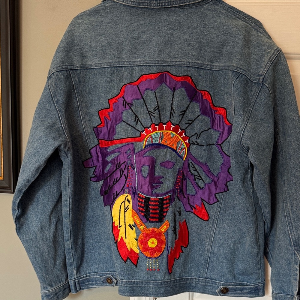 Vintage Blue Denim Native American Jacket with Geometric Embroidered Yoke
